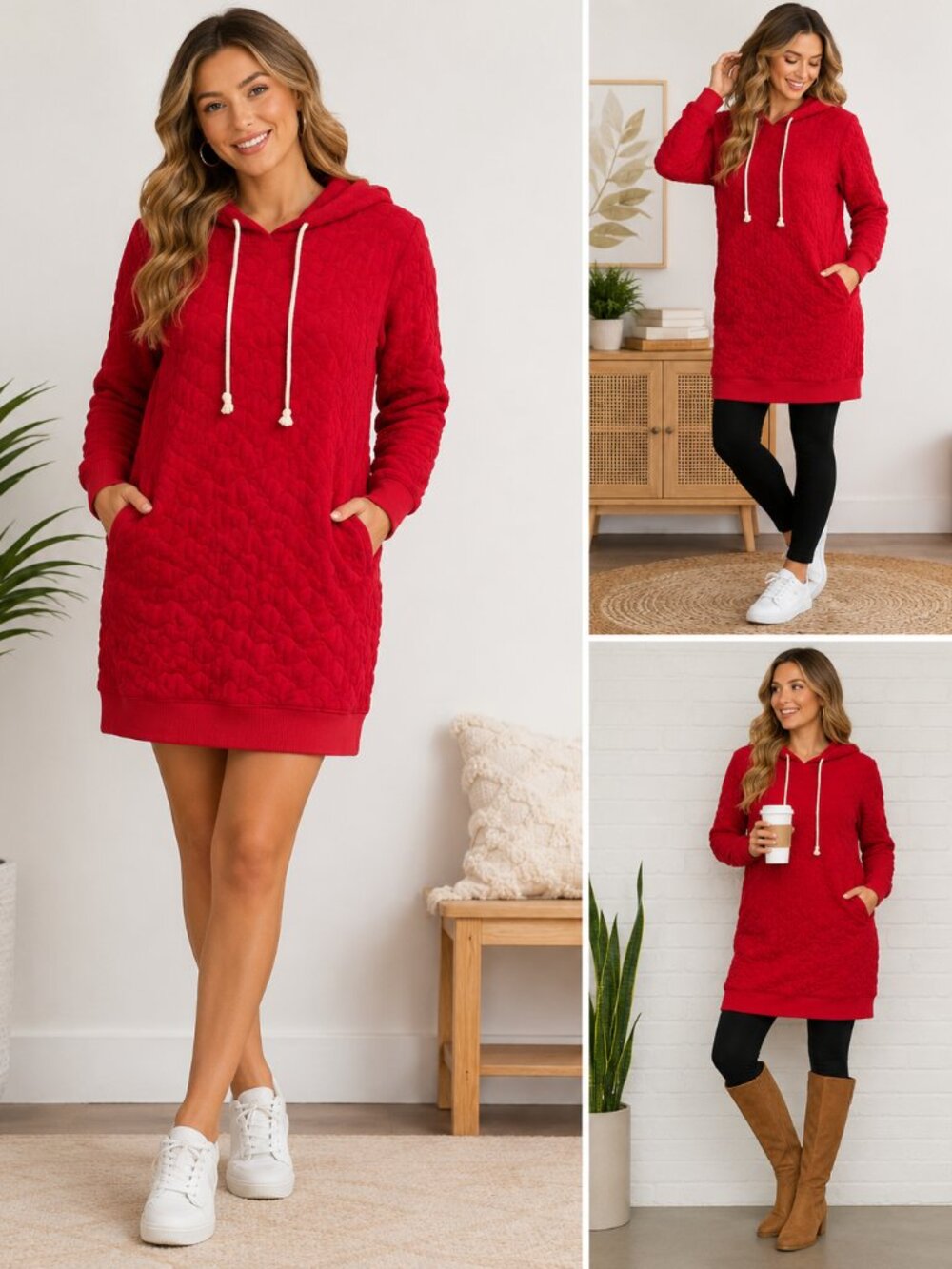 Ces Femme Red Quilted Hoodie Mini Dress Large Pockets Cozy Tunic NWOT